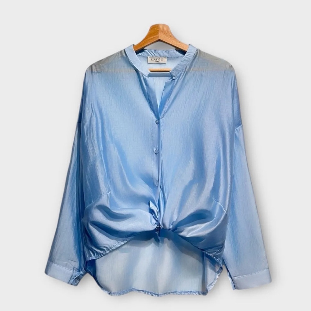 MADE IN ITALY Blue Long Sleeve Tie Front Blouse